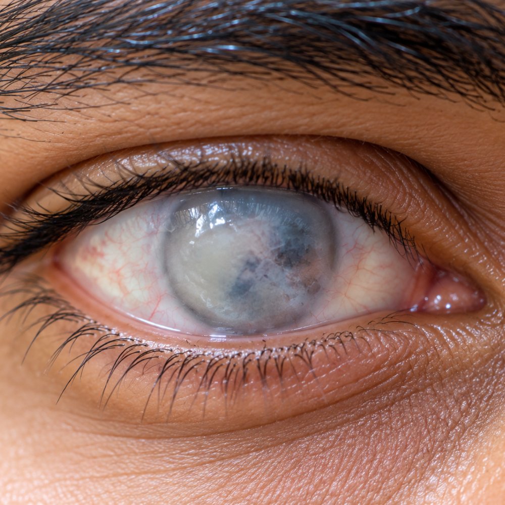 Close-up of a clouded, scarred cornea of the kind corneal tattooing treats